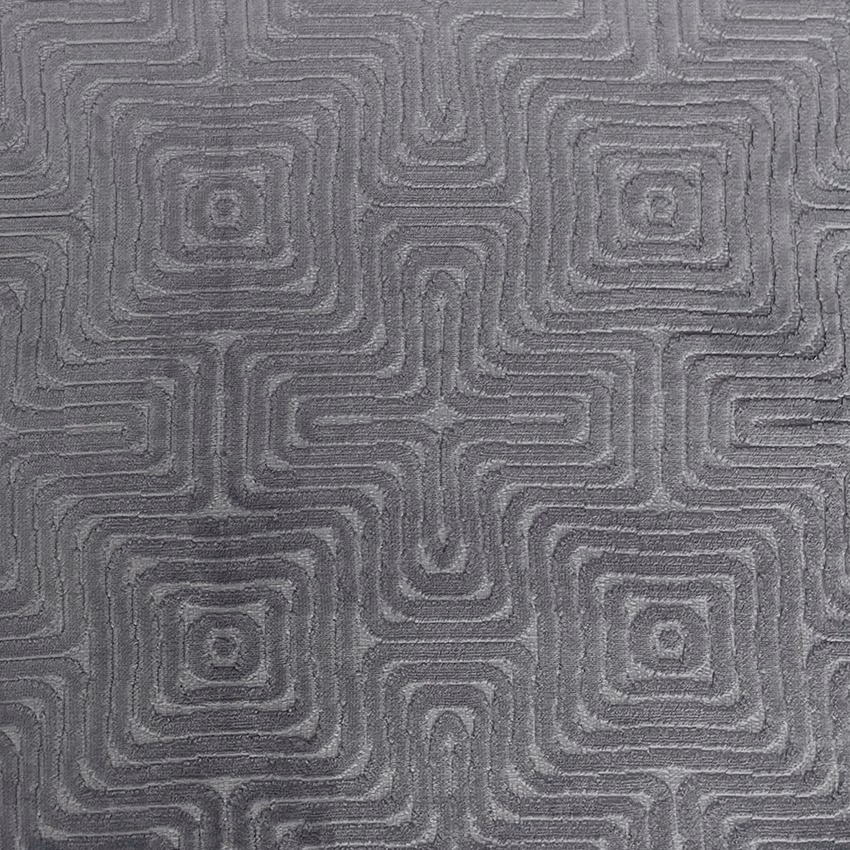 Cool seal-grey textile with raised tonal maze lines in a dense woven surface