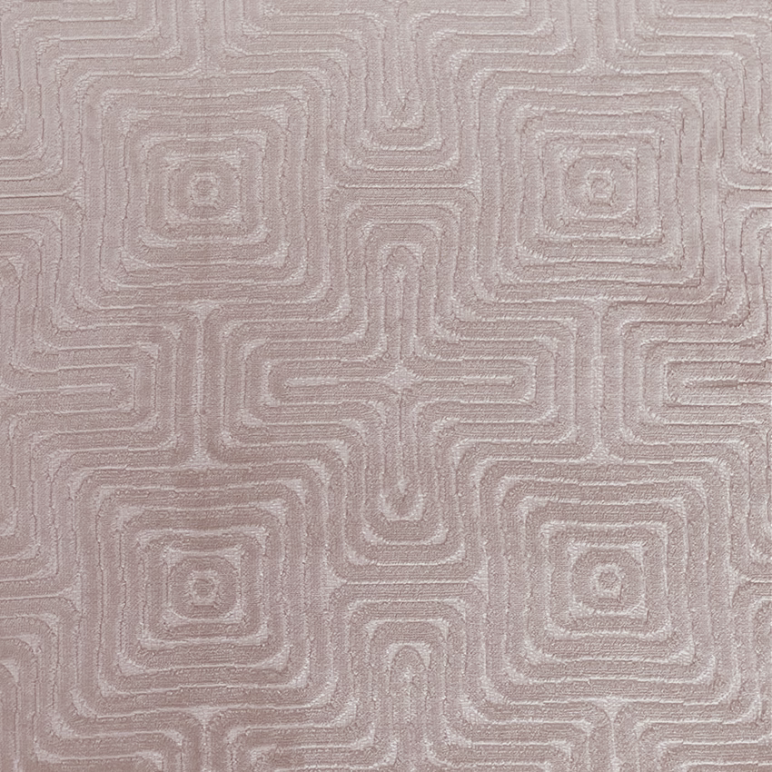 Taupe-grey woven fabric with raised rounded maze squares and nested geometric lines