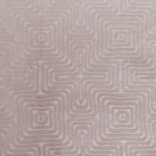 Taupe-grey woven fabric with raised rounded maze squares and nested geometric lines