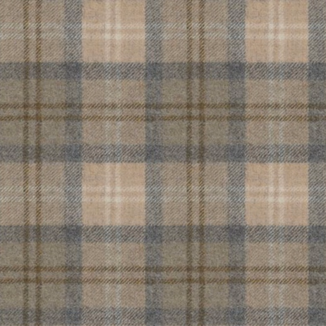 Taupe and blue-grey plaid with beige crossings and a softly heathered weave