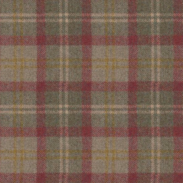 Close-up of muted sage, rose, ochre and cream plaid with a soft woven texture