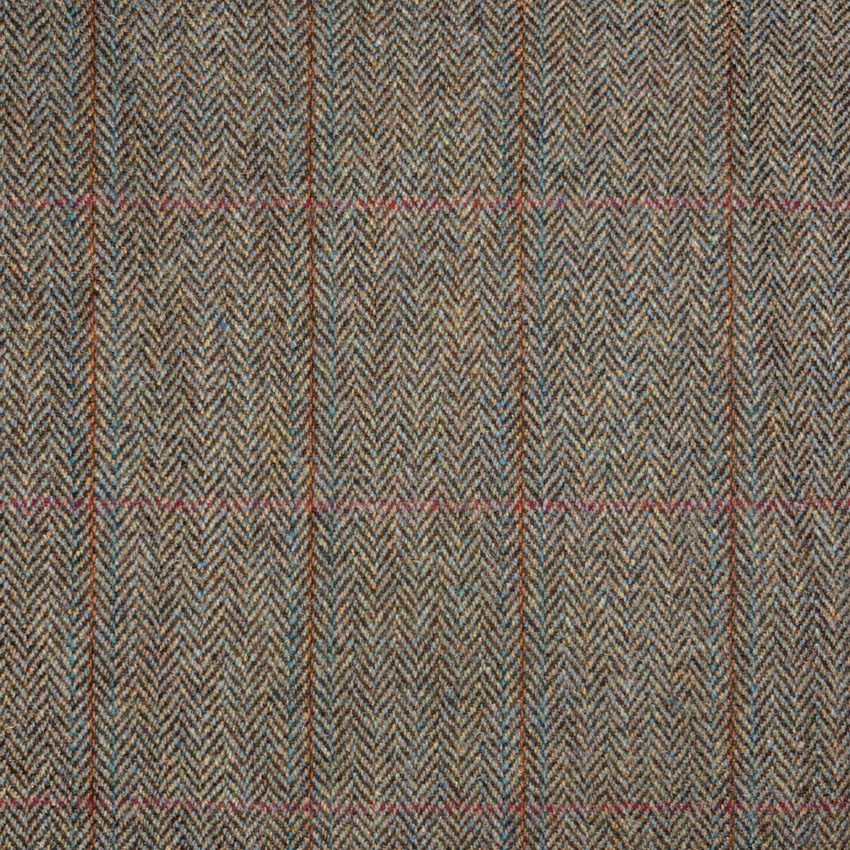 Muted taupe-grey herringbone weave with rust and blue flecks