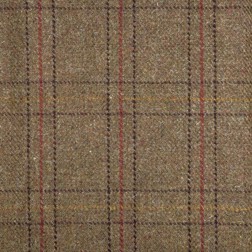 Olive-brown tweed with burgundy, charcoal and mustard plaid stripes