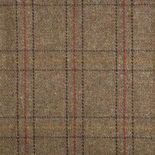 Olive-brown tweed with burgundy, charcoal and mustard plaid stripes