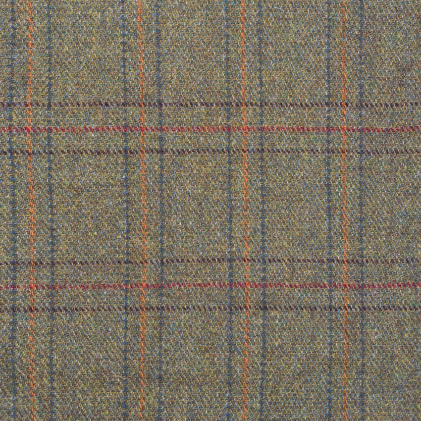 Olive-grey tweed with fine rust, blue and burgundy windowpane checks
