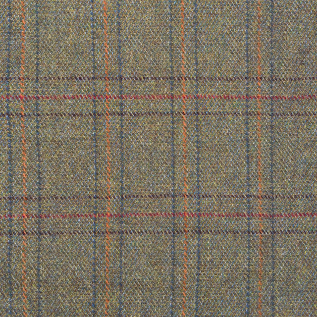 Olive-grey tweed with fine rust, blue and burgundy windowpane checks