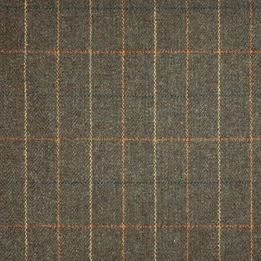 Muted olive-grey tweed with rust windowpane checks and pale vertical lines