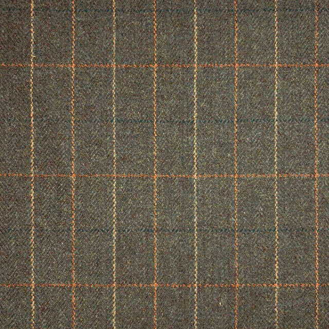 Muted olive-grey tweed with rust windowpane checks and pale vertical lines