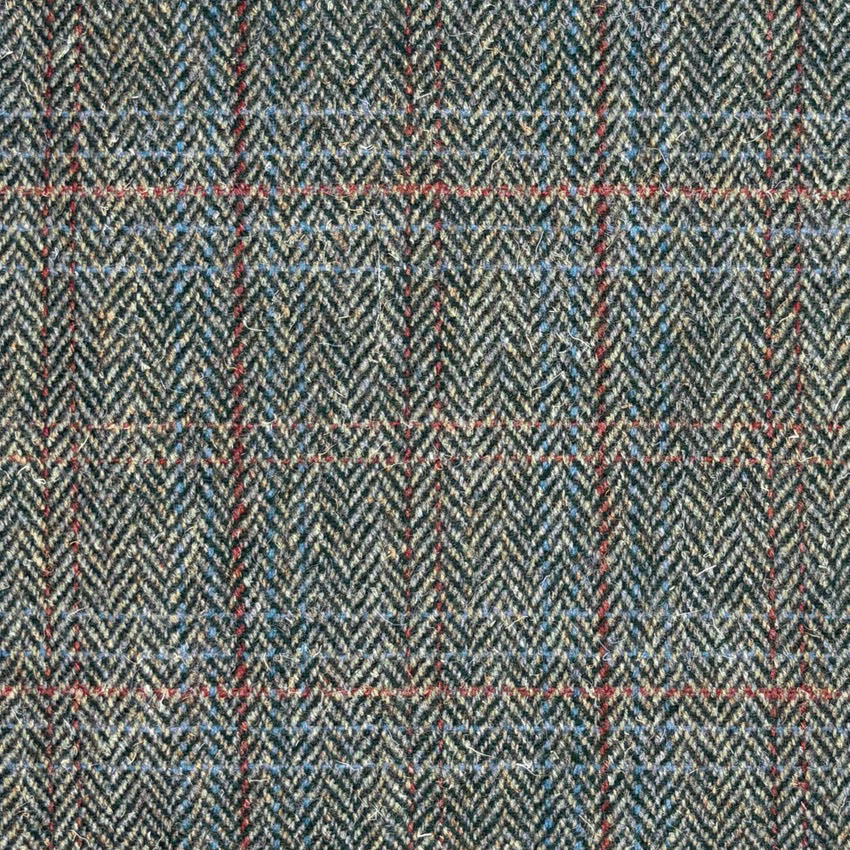 Blue-grey herringbone tweed with charcoal, pale grey and fine red checks