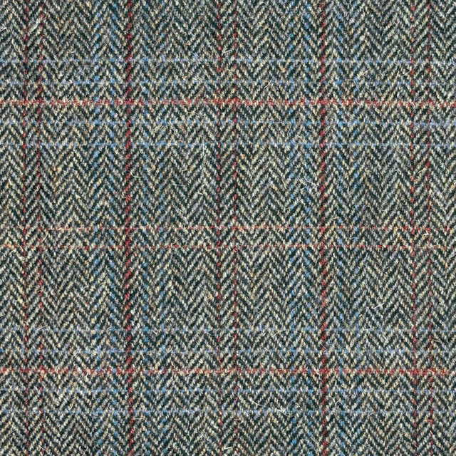 Blue-grey herringbone tweed with charcoal, pale grey and fine red checks