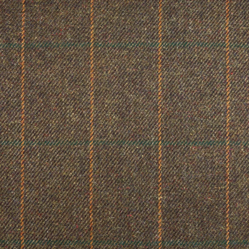 Dark brown herringbone tweed with rust stripes and subtle teal plaid lines