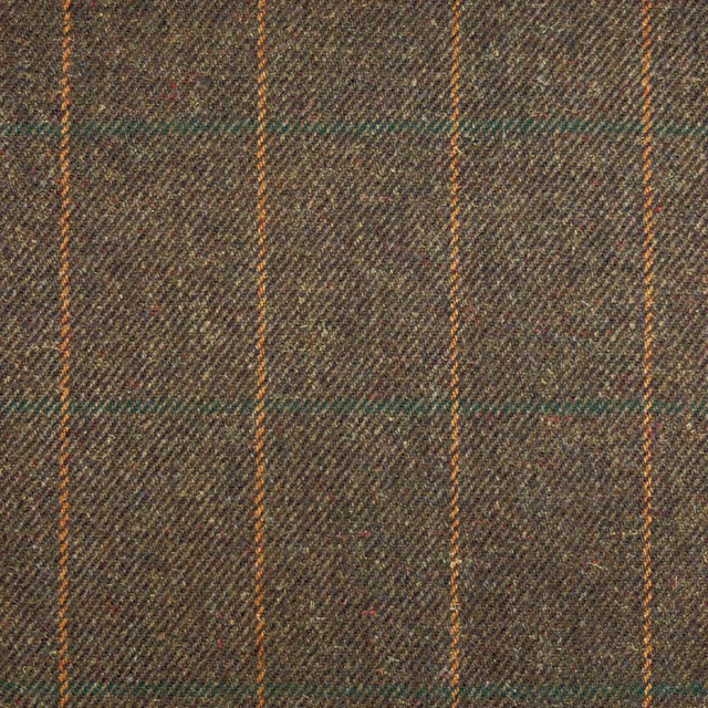 Dark brown herringbone tweed with rust stripes and subtle teal plaid lines