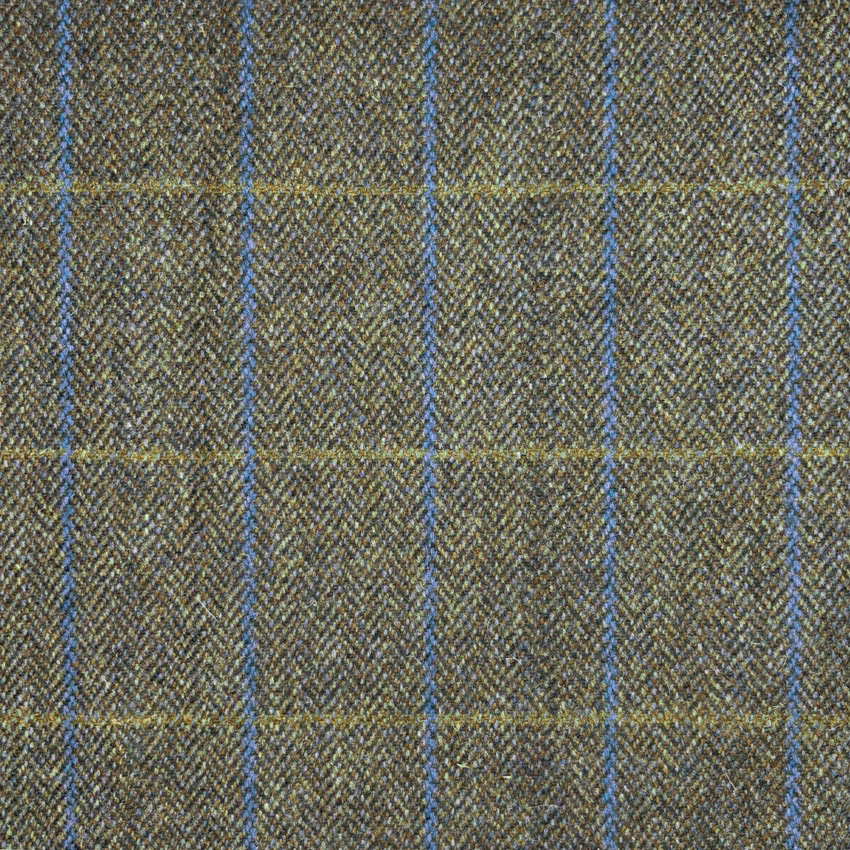 Muted olive-grey tweed with narrow blue windowpane checks and flecked texture