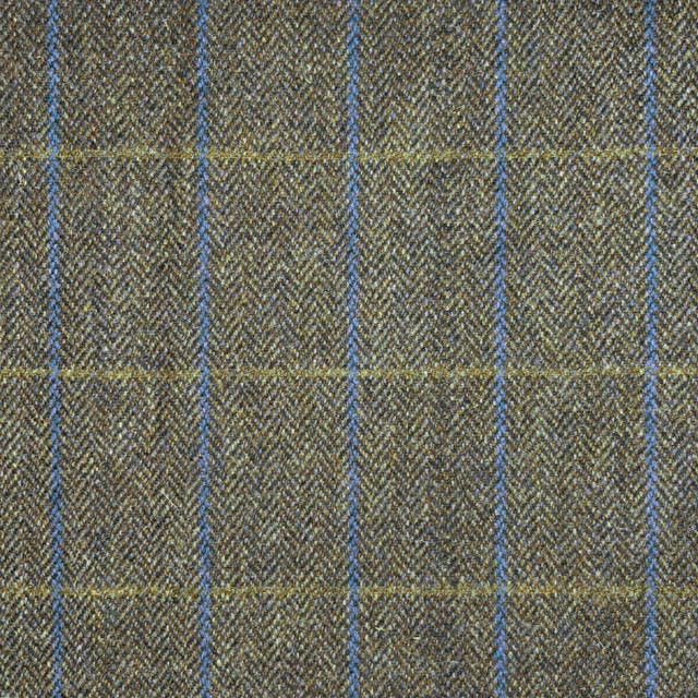 Muted olive-grey tweed with narrow blue windowpane checks and flecked texture