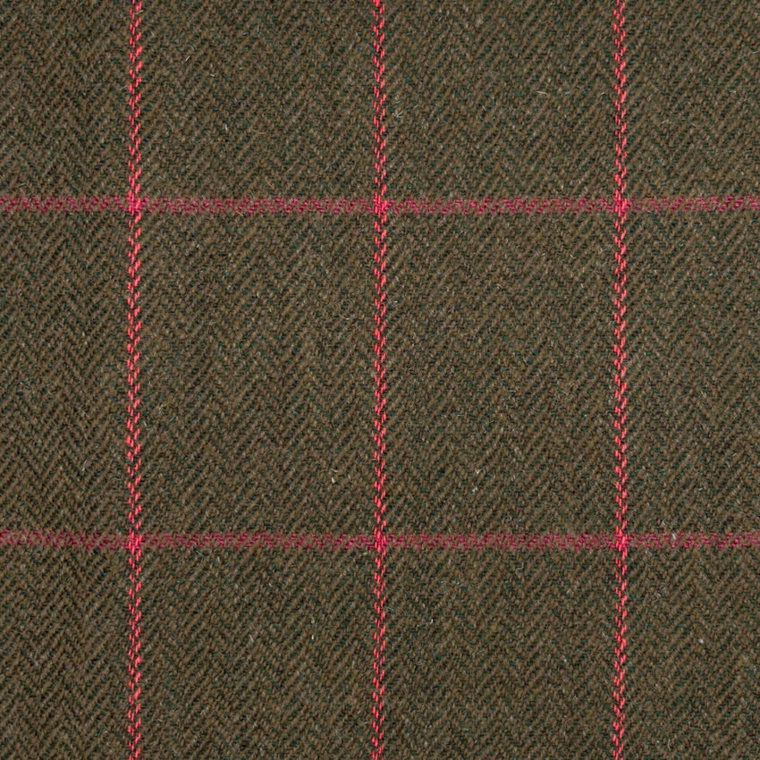 Olive-brown herringbone tweed with vivid pink windowpane checks and fine woven texture