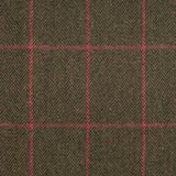 Olive-brown herringbone tweed with vivid pink windowpane checks and fine woven texture