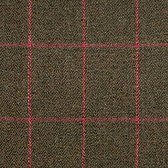 Olive-brown herringbone tweed with vivid pink windowpane checks and fine woven texture