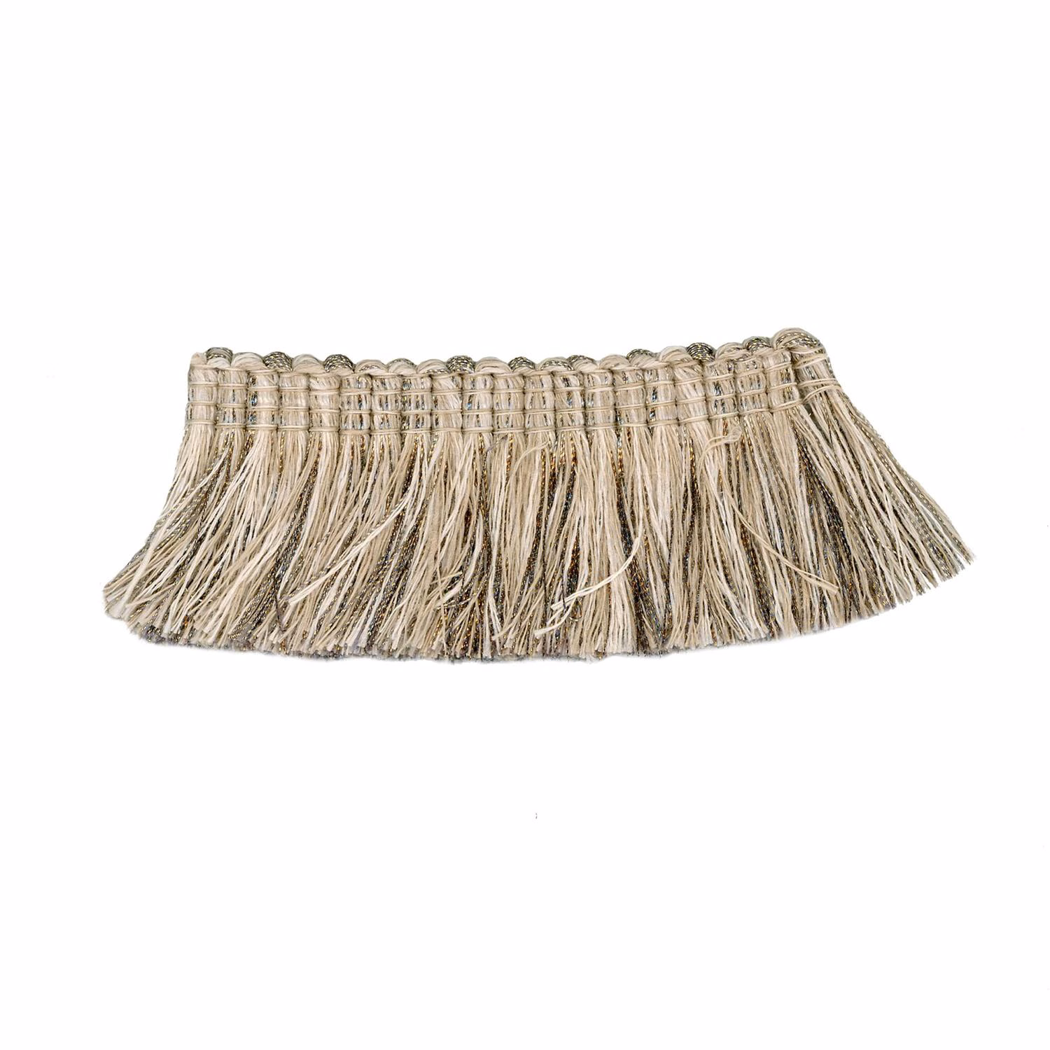 Muted gold and ivory woven fringe trim with long irregular hanging threads