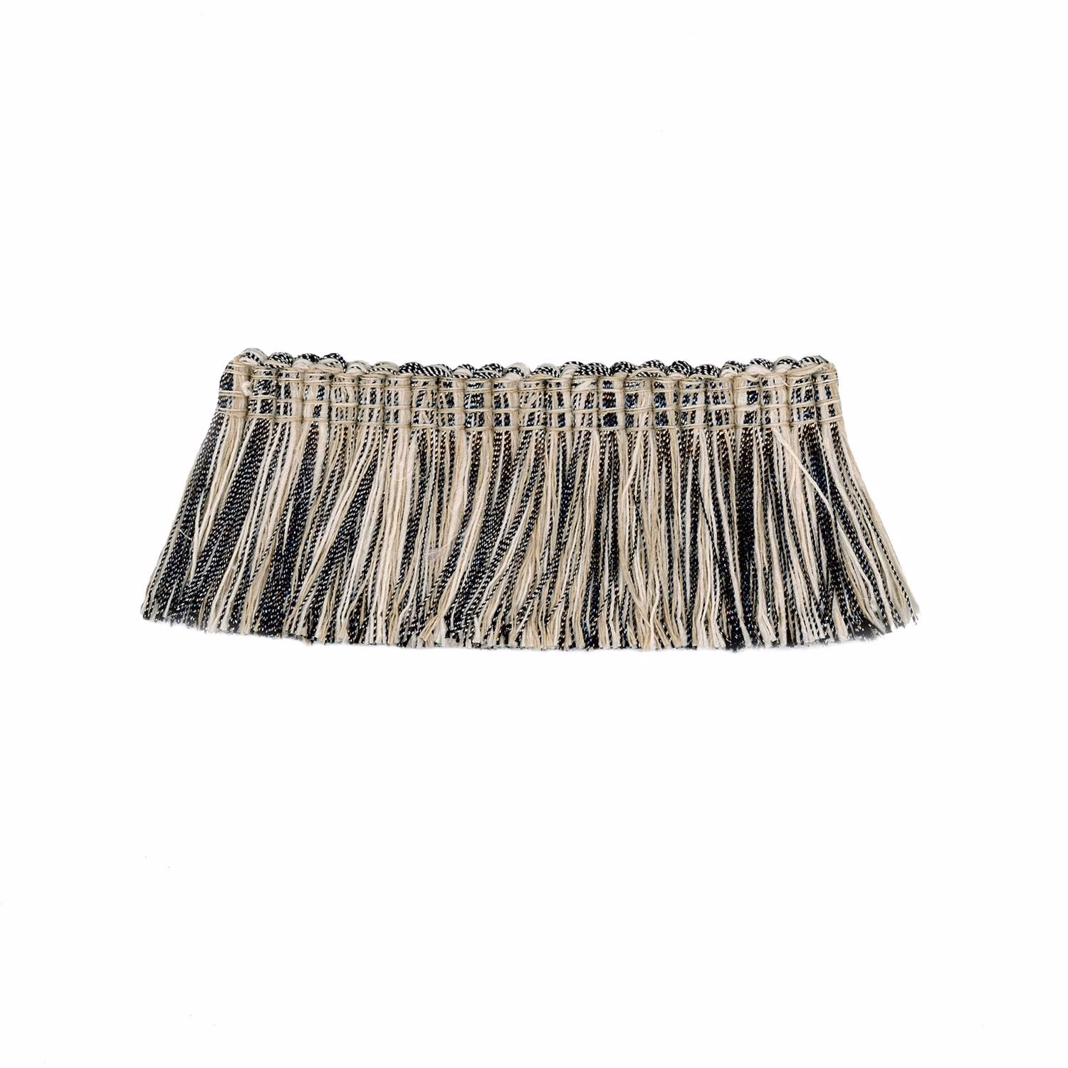 Silver and black vertical fringe trim with an uneven textured lower edge