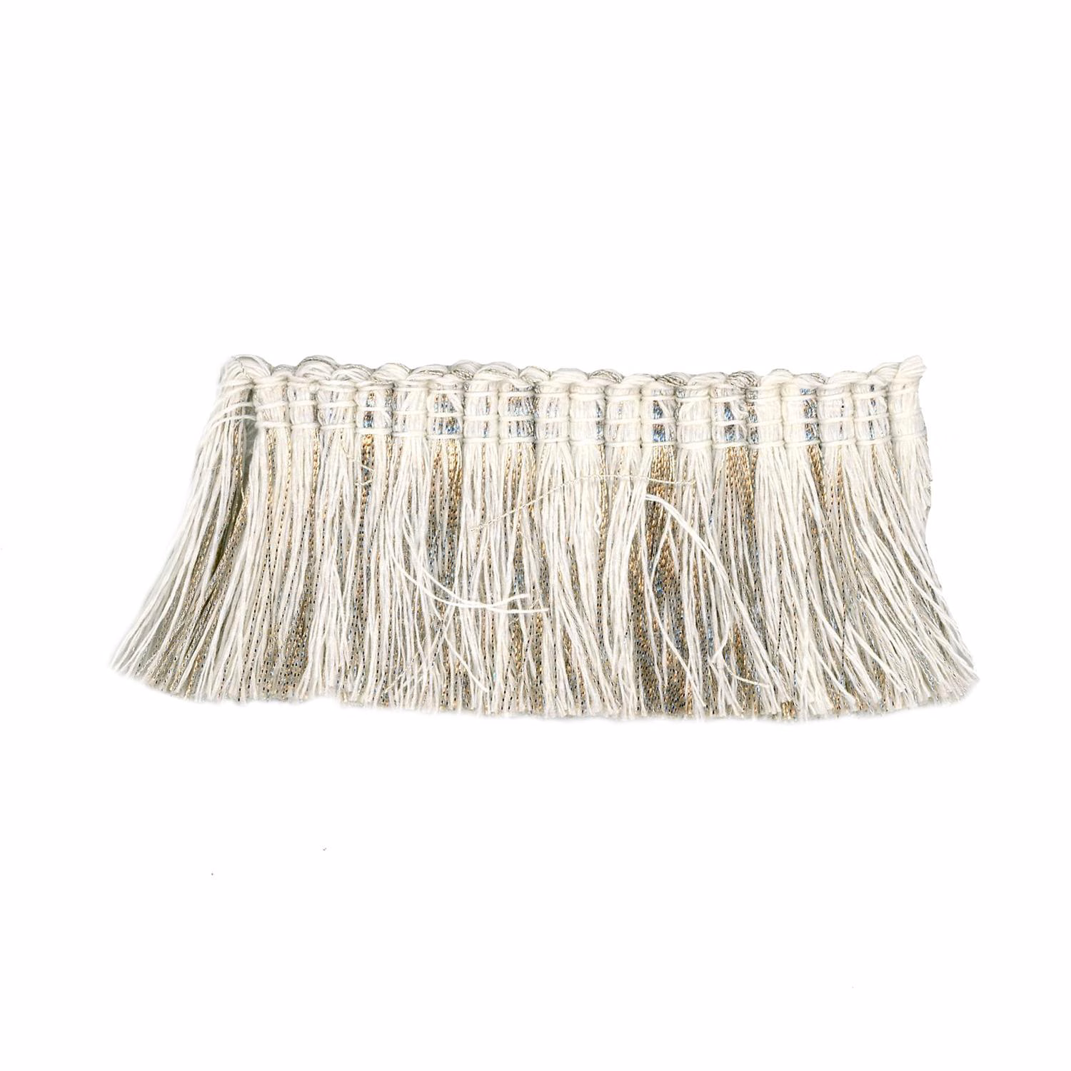 Pale silver-white fringe trim with loose grey threads and woven header