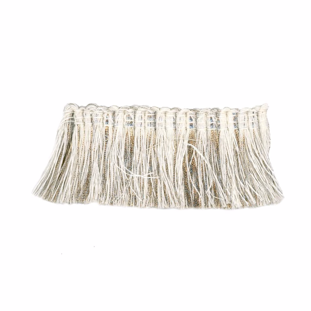 Pale silver-white fringe trim with loose grey threads and woven header