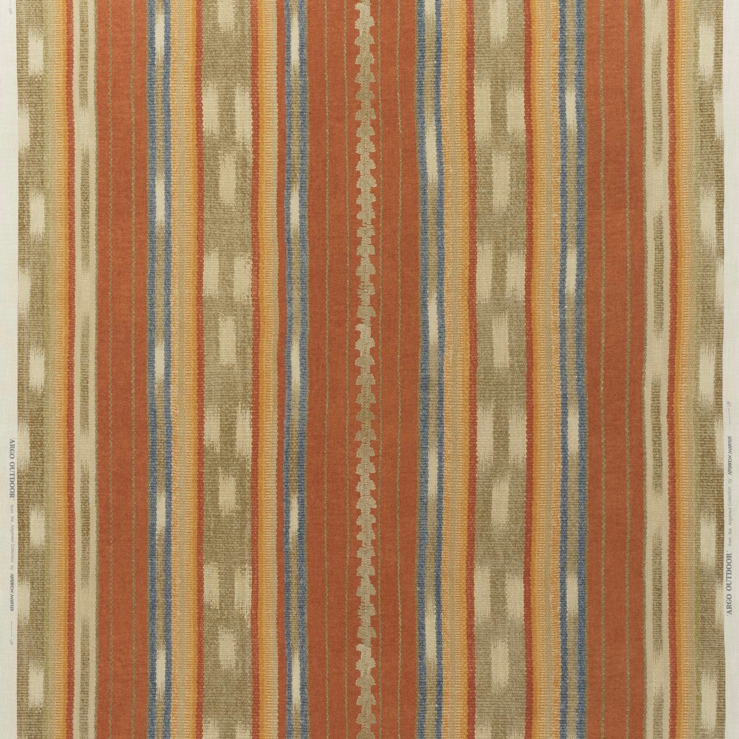 Brick red outdoor fabric with olive, cream and blue woven vertical stripes