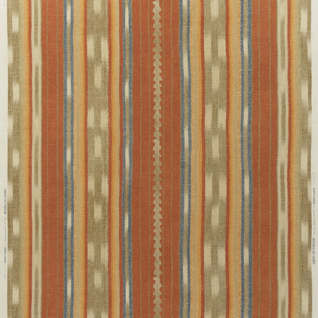 Brick red outdoor fabric with olive, cream and blue woven vertical stripes