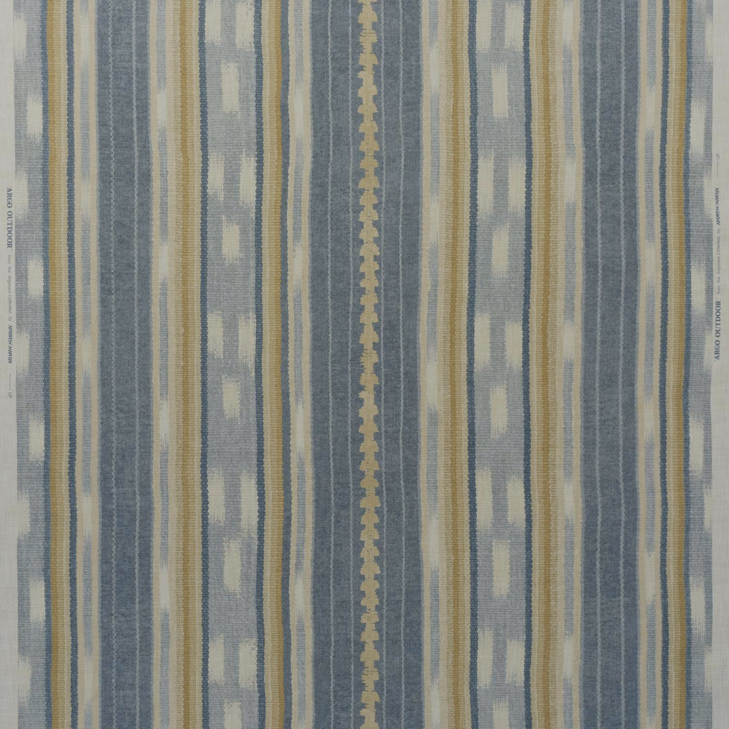 Muted denim-blue outdoor weave with cream, sage and ochre vertical stripes