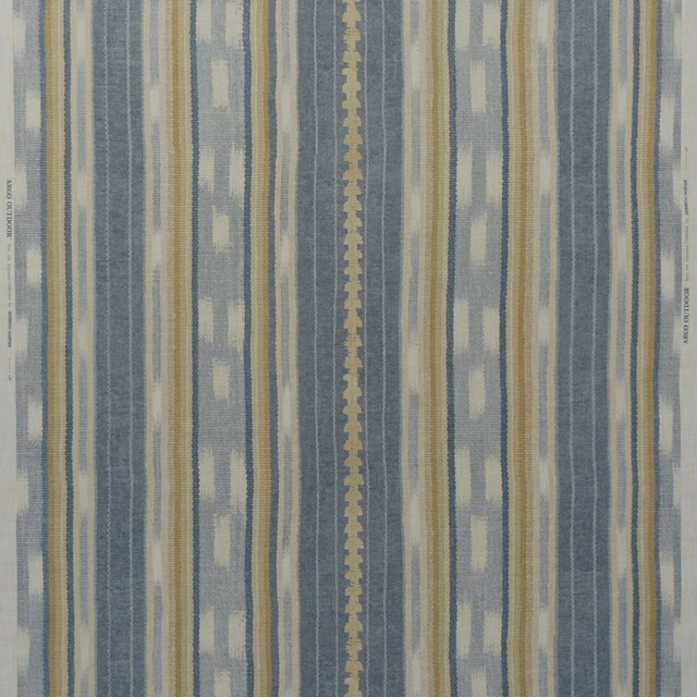 Muted denim-blue outdoor weave with cream, sage and ochre vertical stripes
