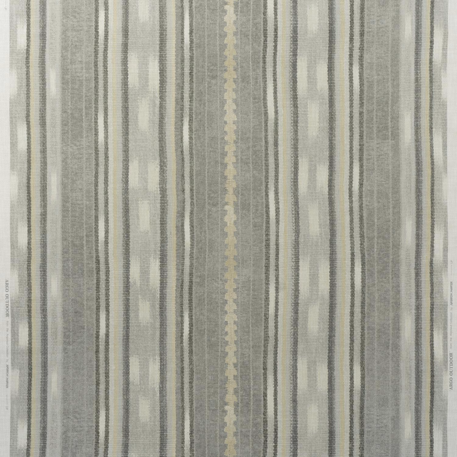 Cool smoke-grey outdoor fabric with vertical woven stripes and pale broken bands