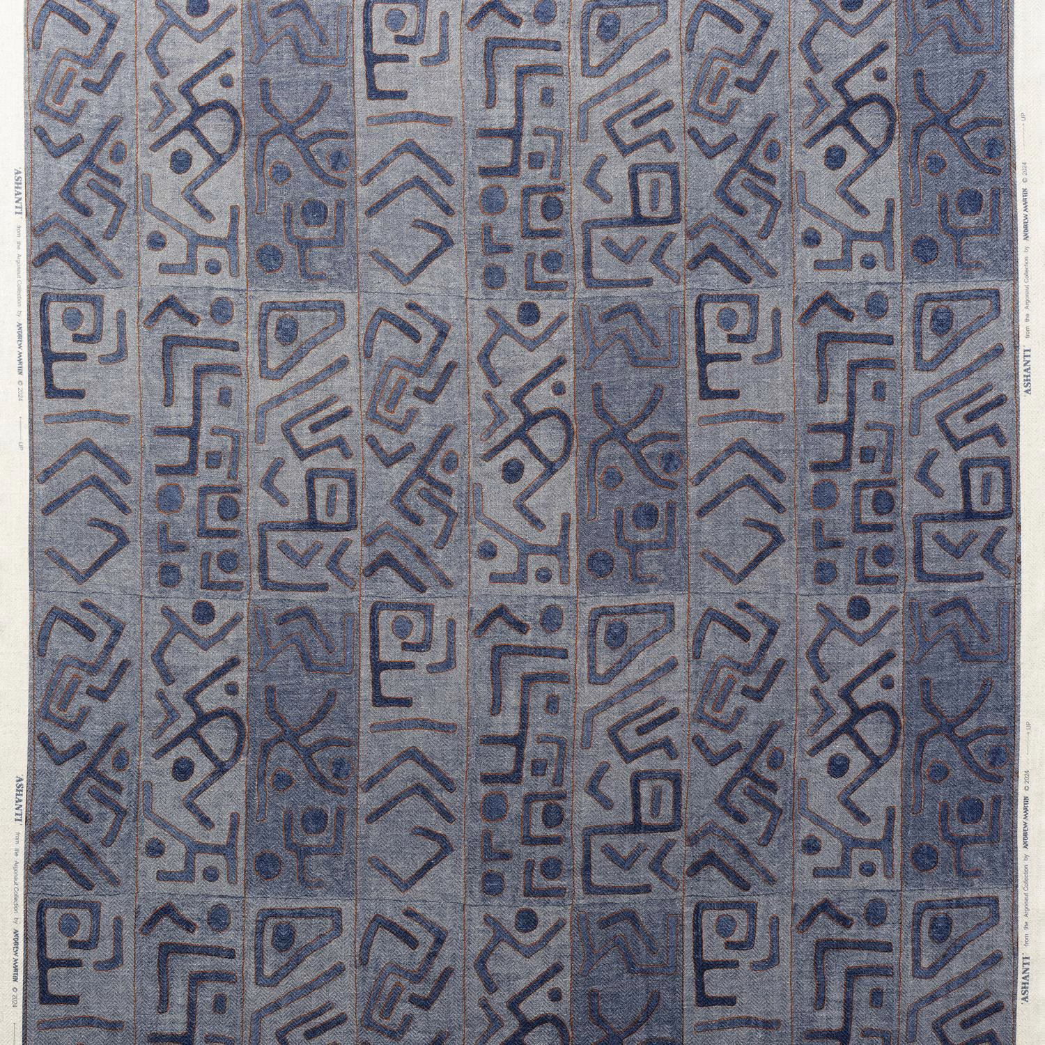 Cool blue-grey woven fabric with dark angular geometric bands and motifs