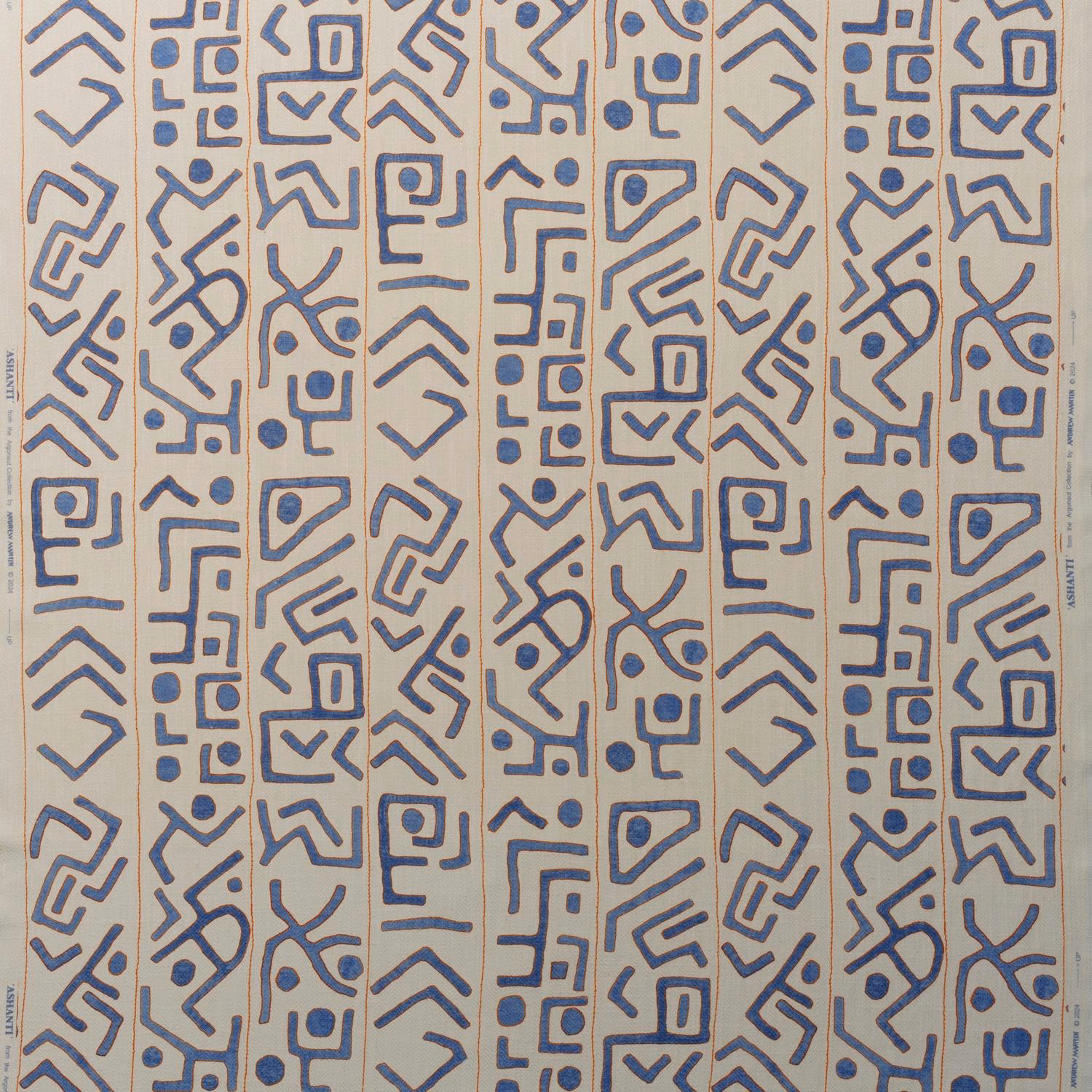 Muted denim-blue geometric bands and abstract motifs on a warm white textile ground