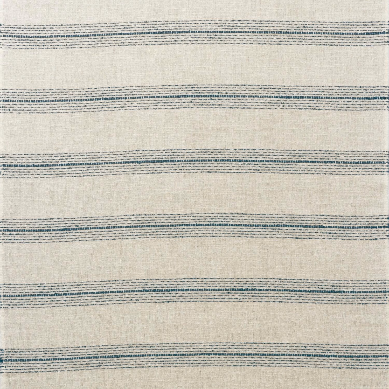 Warm ivory stripe fabric with irregular denim-blue bands and a lightly slubbed weave
