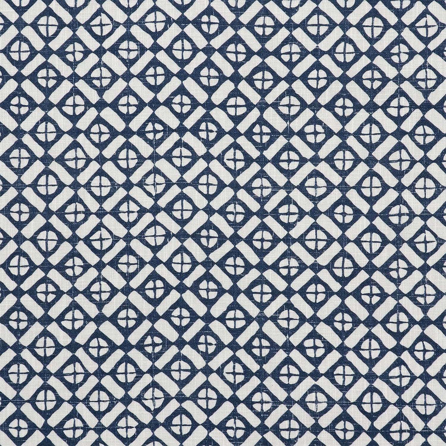 Ink navy geometric diamonds on an ivory ground, with a softly mottled woven texture