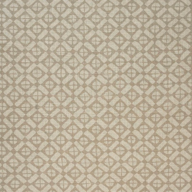 Warm string-beige woven fabric with small linked diamond and oval motifs