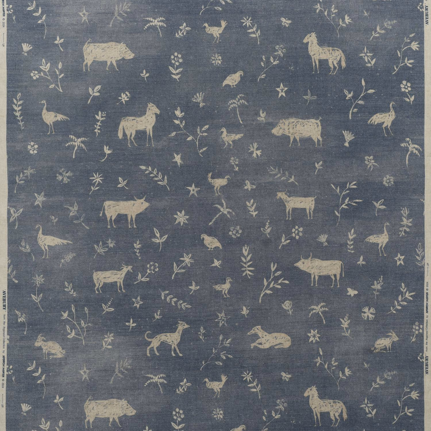 Muted denim-blue fabric with cream woodland animals, flowers, leaves and stars