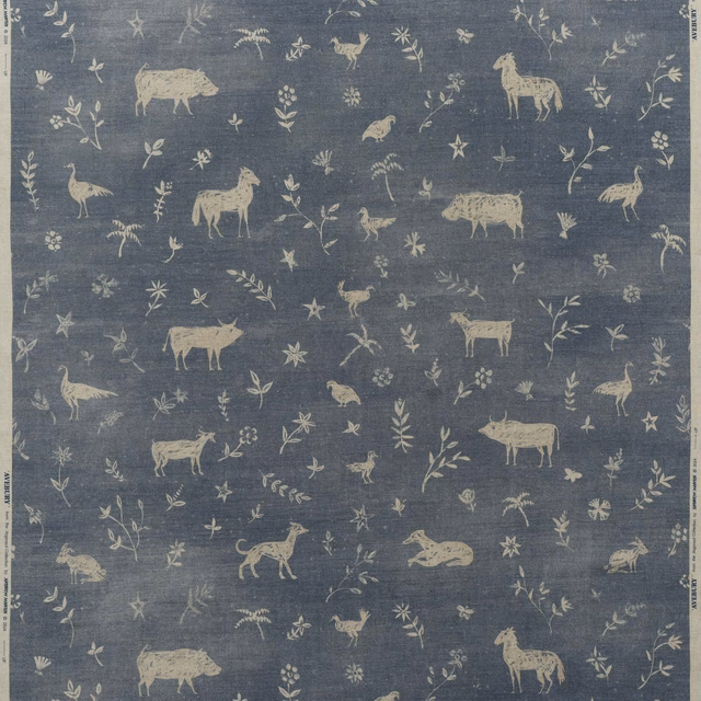 Muted denim-blue fabric with cream woodland animals, flowers, leaves and stars