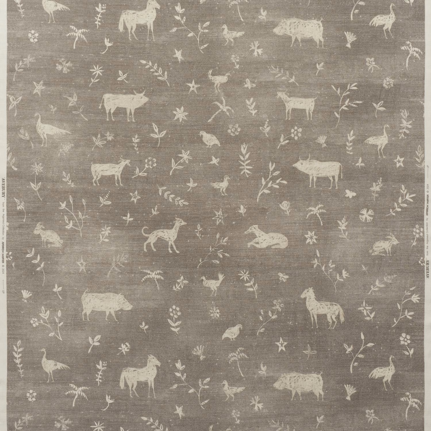 Smoky grey fabric with cream woodland animals, foliage, stars and subtle horizontal texture