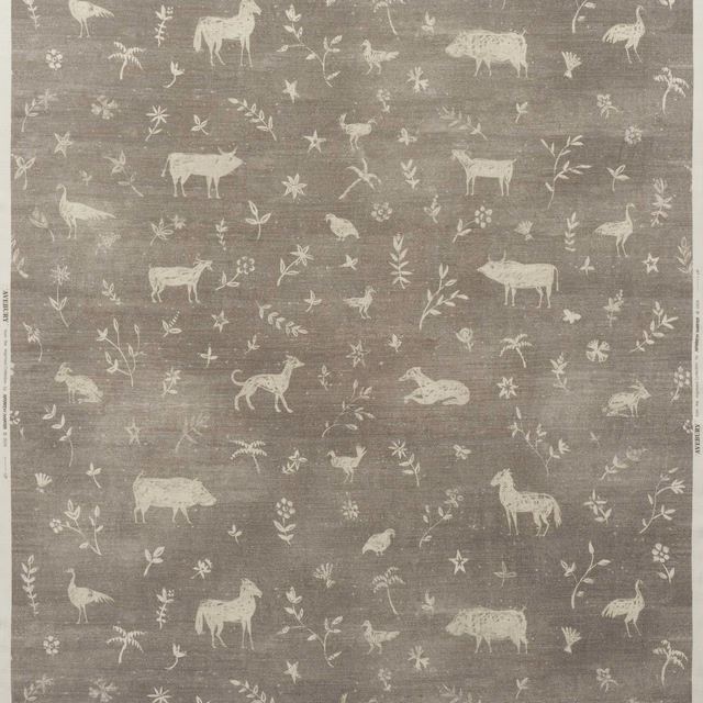 Smoky grey fabric with cream woodland animals, foliage, stars and subtle horizontal texture