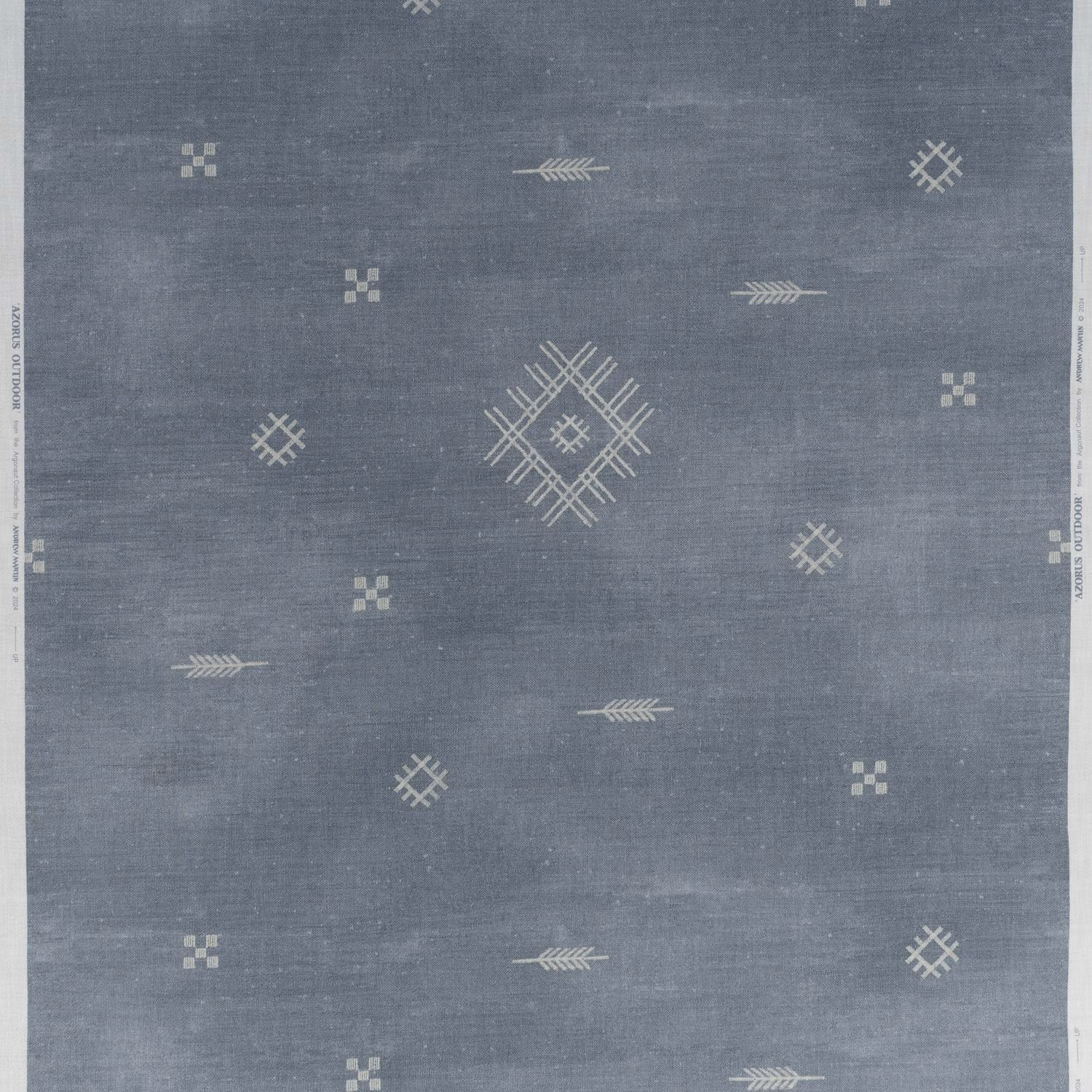 Muted denim blue-grey outdoor fabric with pale geometric diamonds, arrows and central lattice motif.