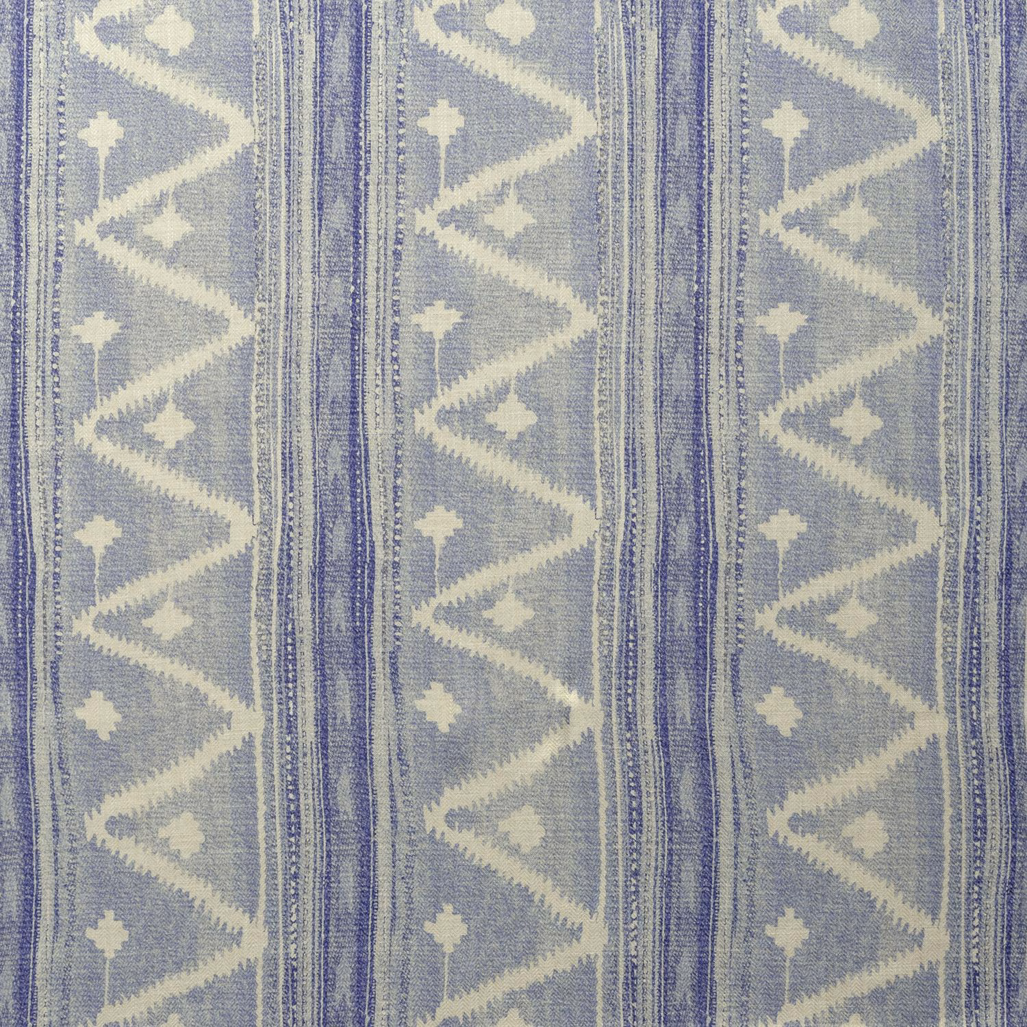 Muted denim-blue woven swatch with vertical stripes, zigzags and ivory cross motifs