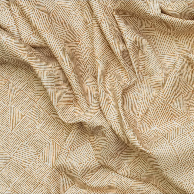 Warm oat fabric with fine bark-brown geometric lines in gathered folds