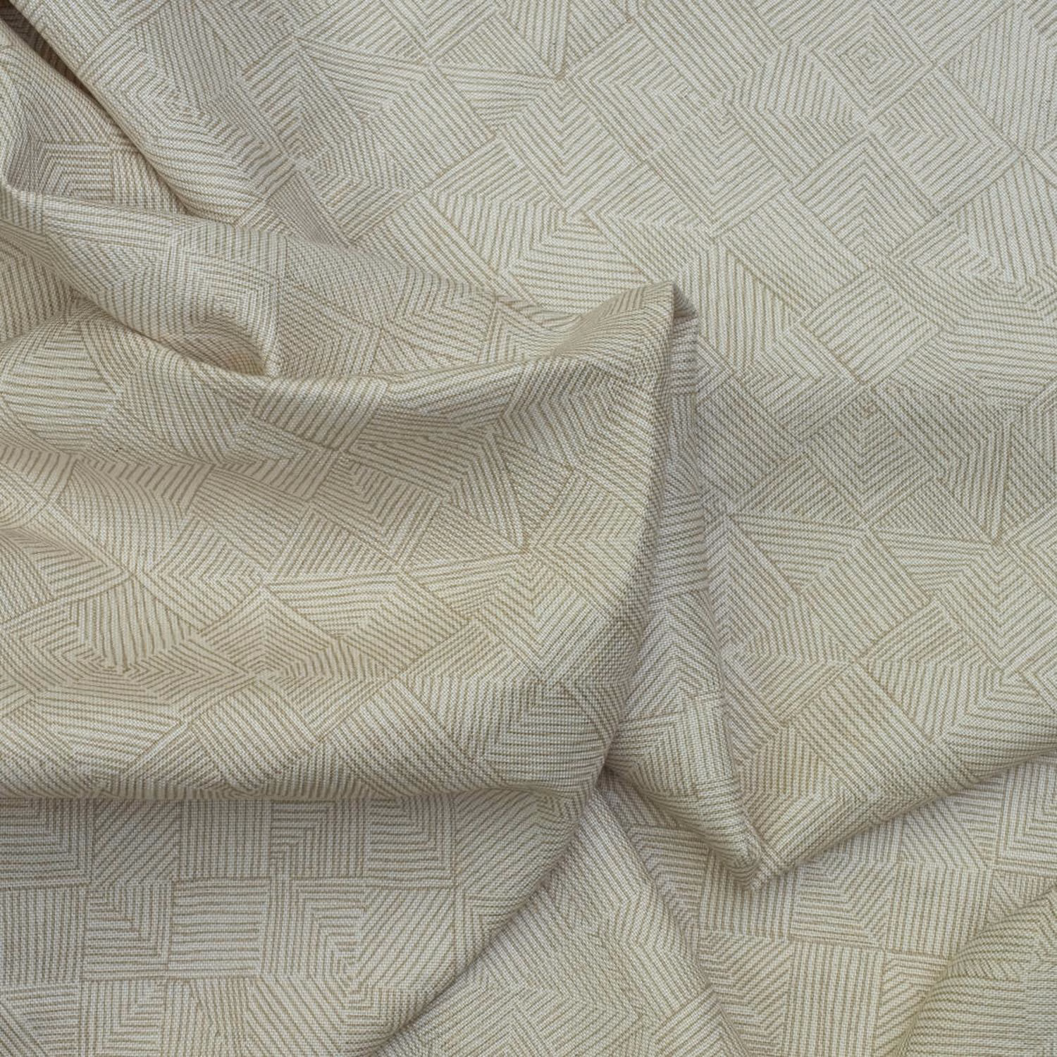 Pale greige geometric textile with fine taupe lines and softly folded textured cloth