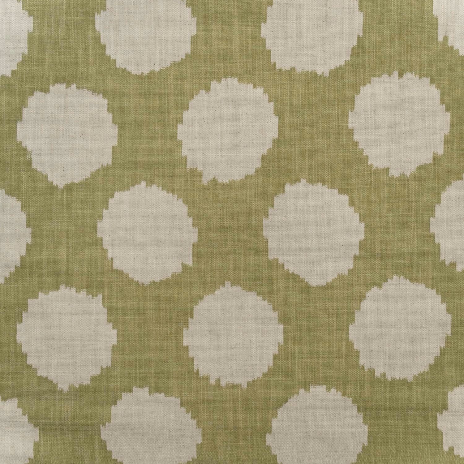 Muted olive-sage cotton print with irregular ivory circular motifs and visible fine weave