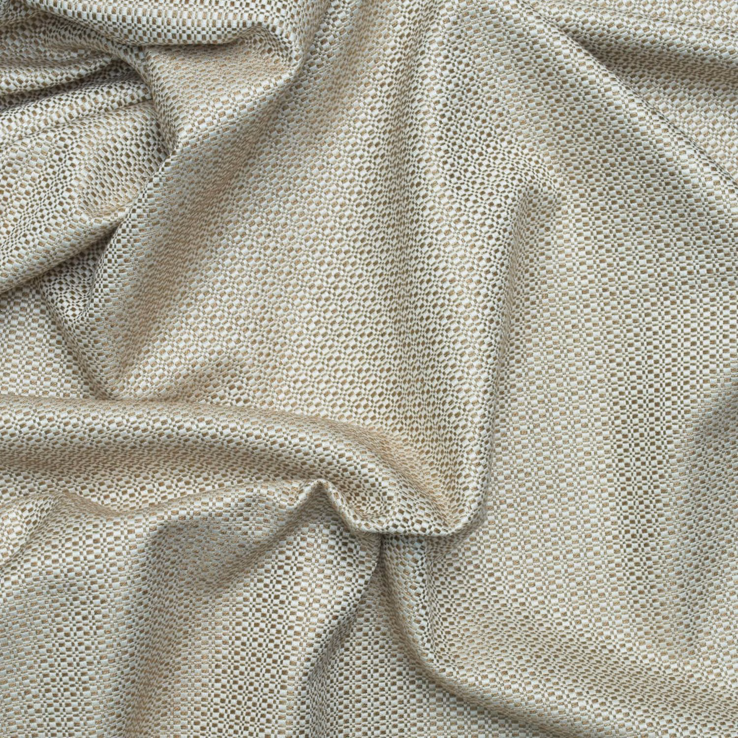 Pale birch greige fabric with tiny taupe-grey geometric weave in soft folds