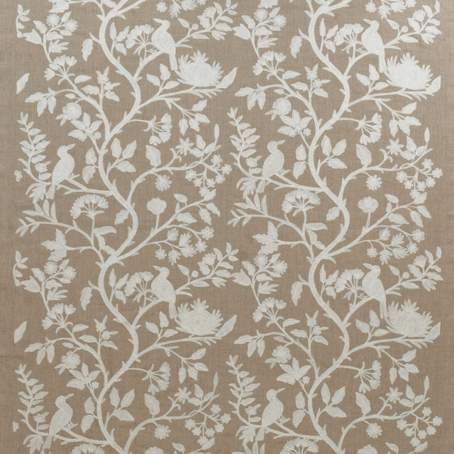 Ivory embroidered birds and flowering vines across a warm taupe woven ground