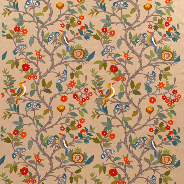 Warm beige embroidered fabric with teal birds, red flowers and branching grey-brown vines