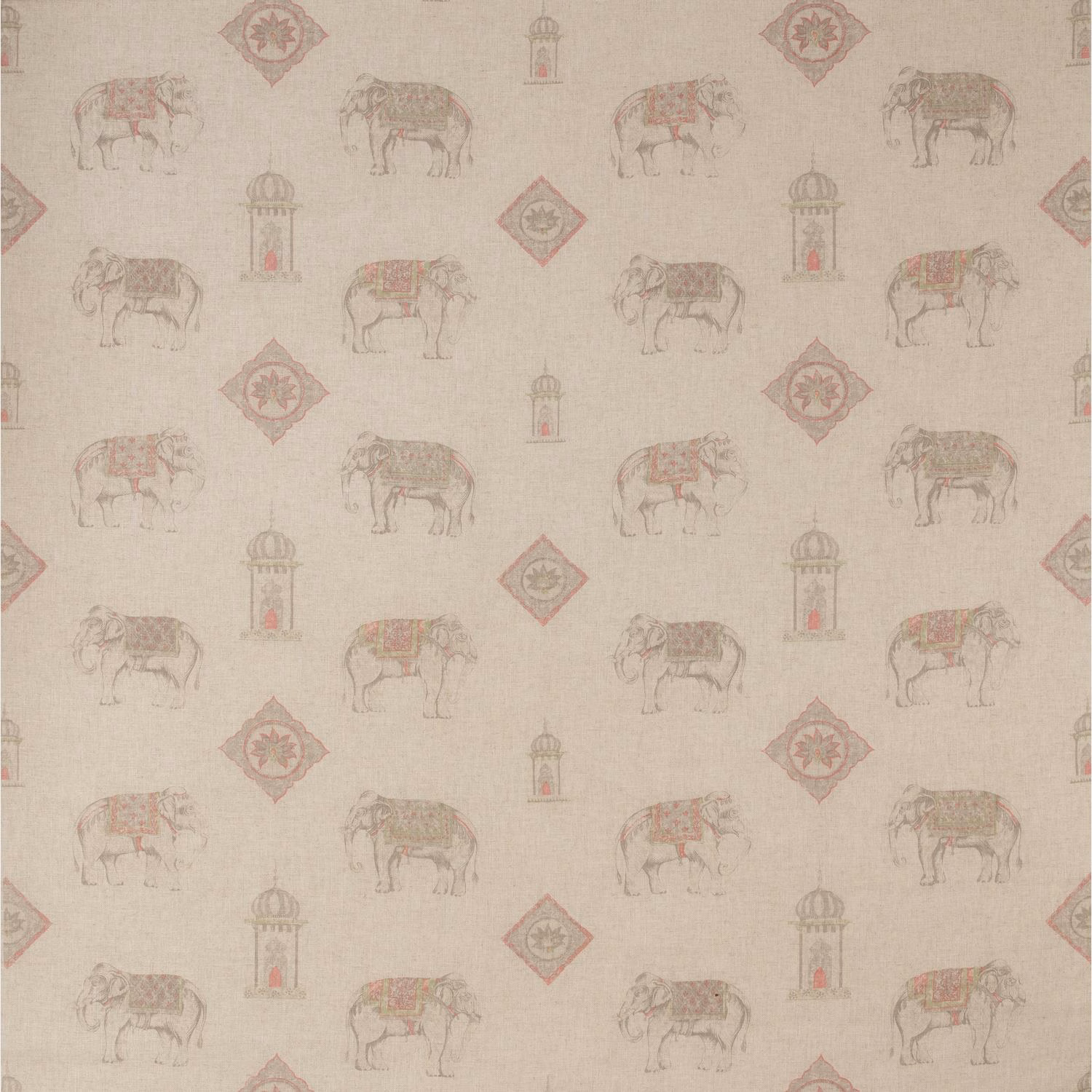 Warm beige linen-look ground with muted elephants, lanterns and diamond motifs