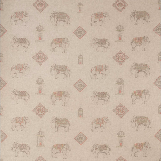 Warm beige linen-look ground with muted elephants, lanterns and diamond motifs