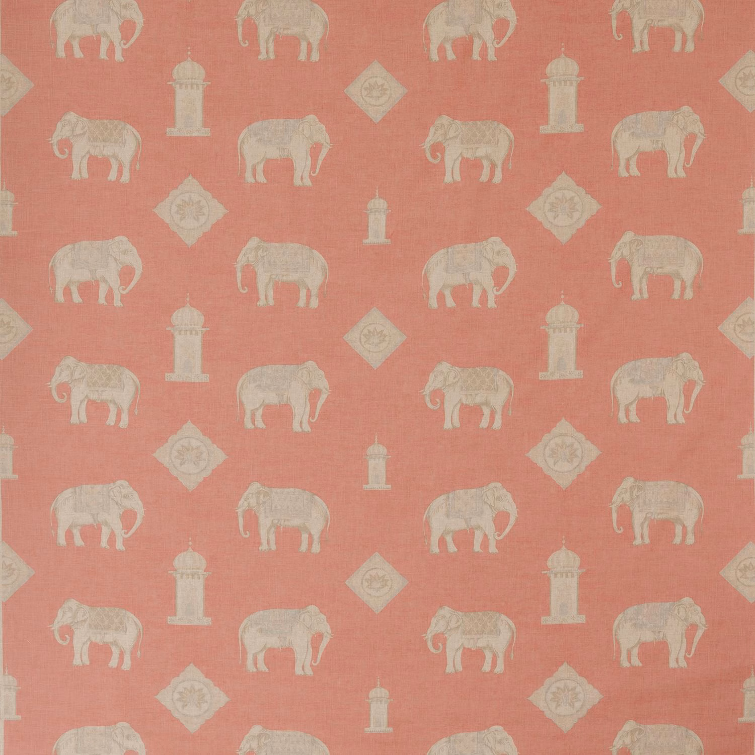 Dusty coral-pink fabric with ivory elephants, towers and diamond medallions